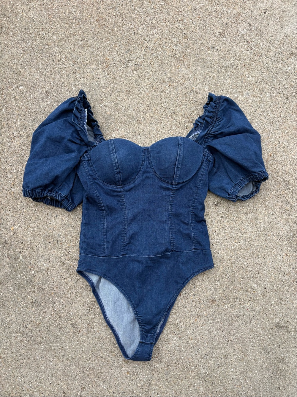 Haute Monde Dark Blue Denim Puff Sleeve Bodysuit